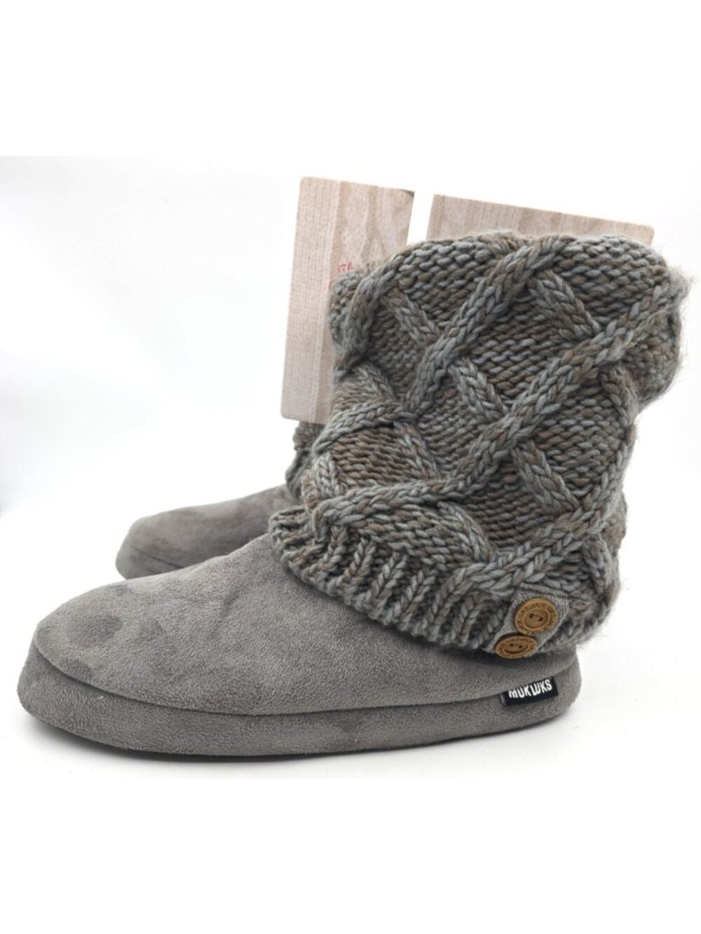 Muk Luks Bootie Slippers Gray Cable Knit Sweater Faux Fur Lined Women's L 9-10